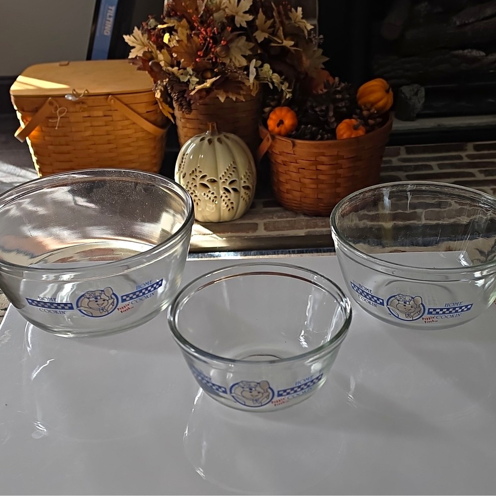 Pillsbury Glass Mixing Bowl Set 3pc Poppin' Fresh Home Cookin Anchor Ovenwear